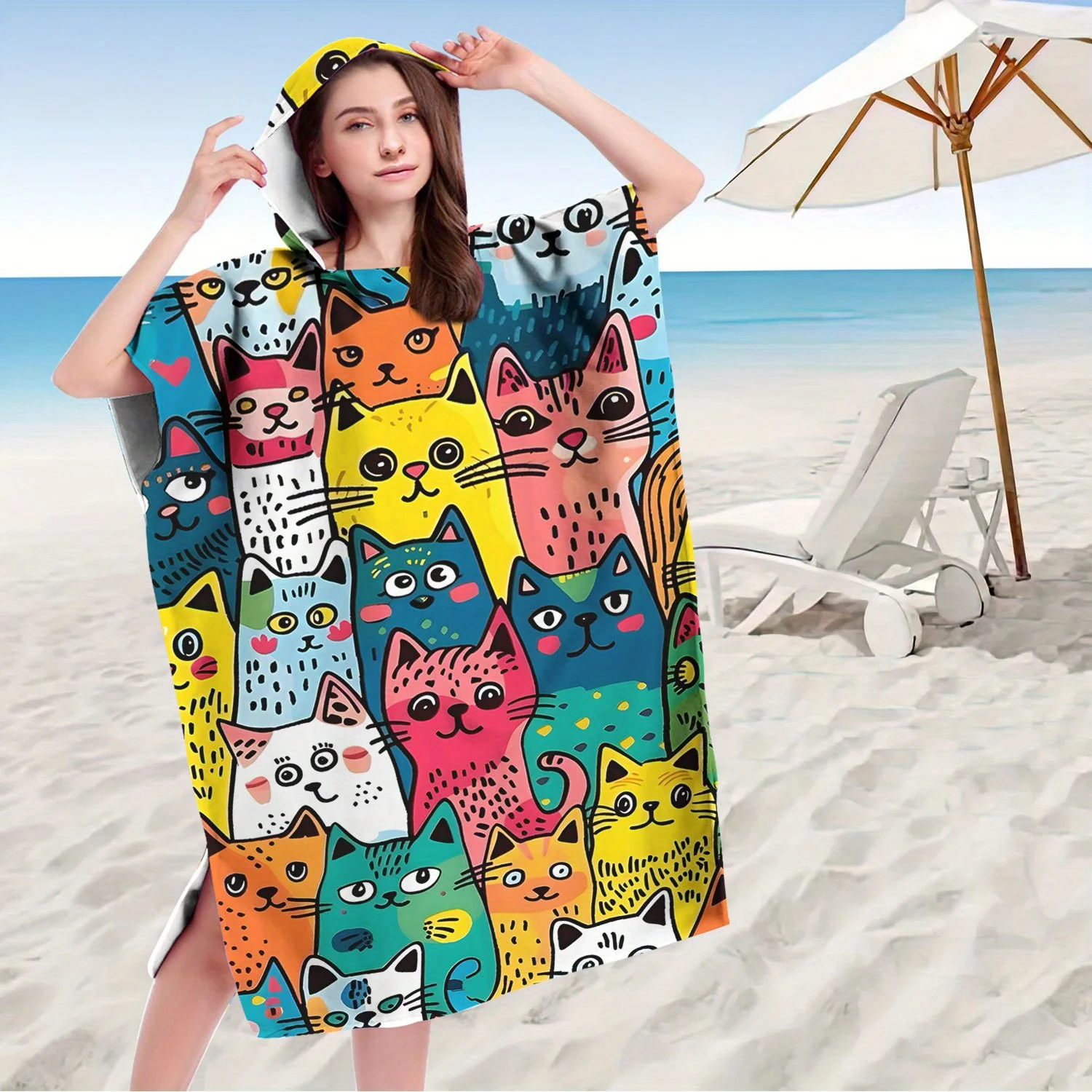 

1pc Colorful Cat Print Hooded Towel Poncho, Quick Dry Polyester Beach Changing Robe, Matching Family/Couple Swim Poncho for Summ