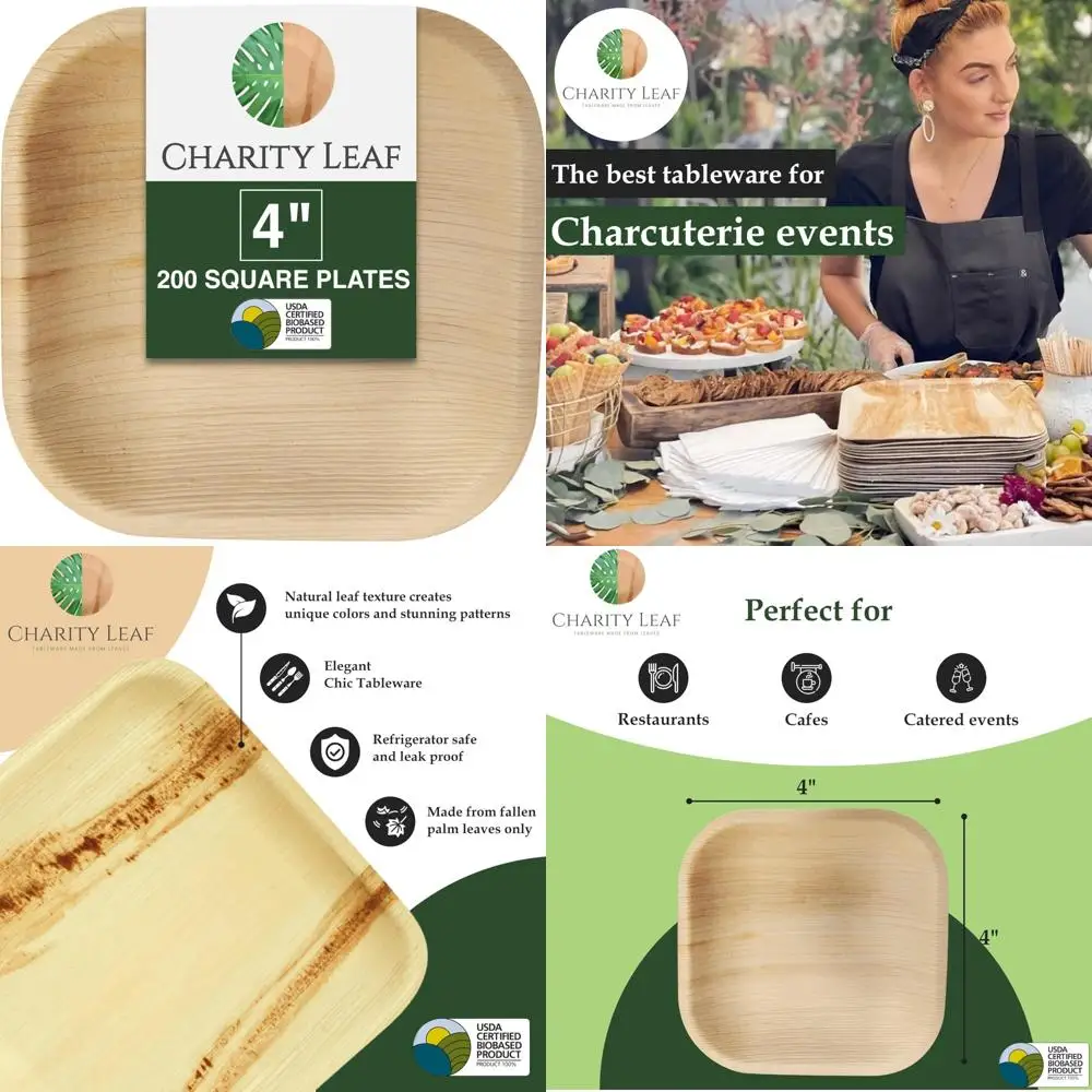 

Одноразовые мини-квадратные тарелки для закусок с пальмовыми листьями, 200 бамбуковых сервировочных тарелок для экологически чистой столовой