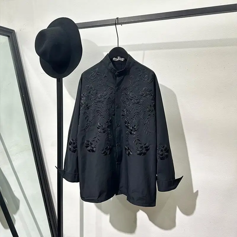 High Street Tees Tshirt Men's Dark and Fashionable Loose Embroidered Print Stand Up Collar Button Long Sleeved Shirt Top