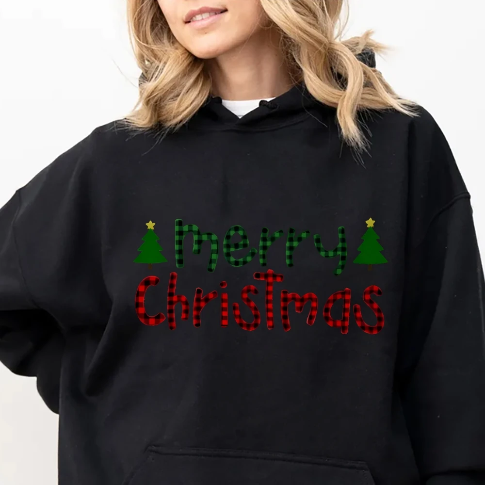 Y2K Plus Size Hoodie Merry Christmas Text Tops Long Sleeves For Women Sweater Punk Style High Quality Clothing Festival Gift