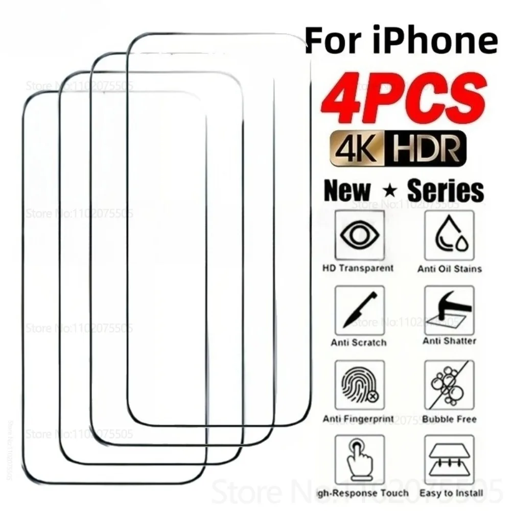 

4Pcs 9D Screen Protector for IPhone 17 Promax 16 Plus 15 Promax HD Hardness Tempered Glass 17 Air 14 Promax 13 Mini Anti-Scratch