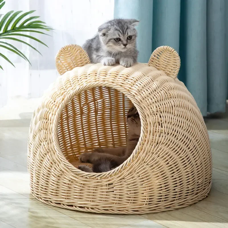 Hand-woven Pet House Rattan Cat Nest Summer Semi-closed Indoor Sleeping Bed Mat Durable Puppy Basket for Small Medium Cats/Dog