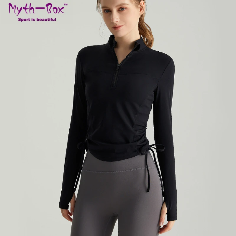 

Women Yoga Shirt Long Sleeve Sport T-shirts Zipper Collar Elastic Slim Running Sweatshirts Girls Bandage Gym Workout Top Clothes