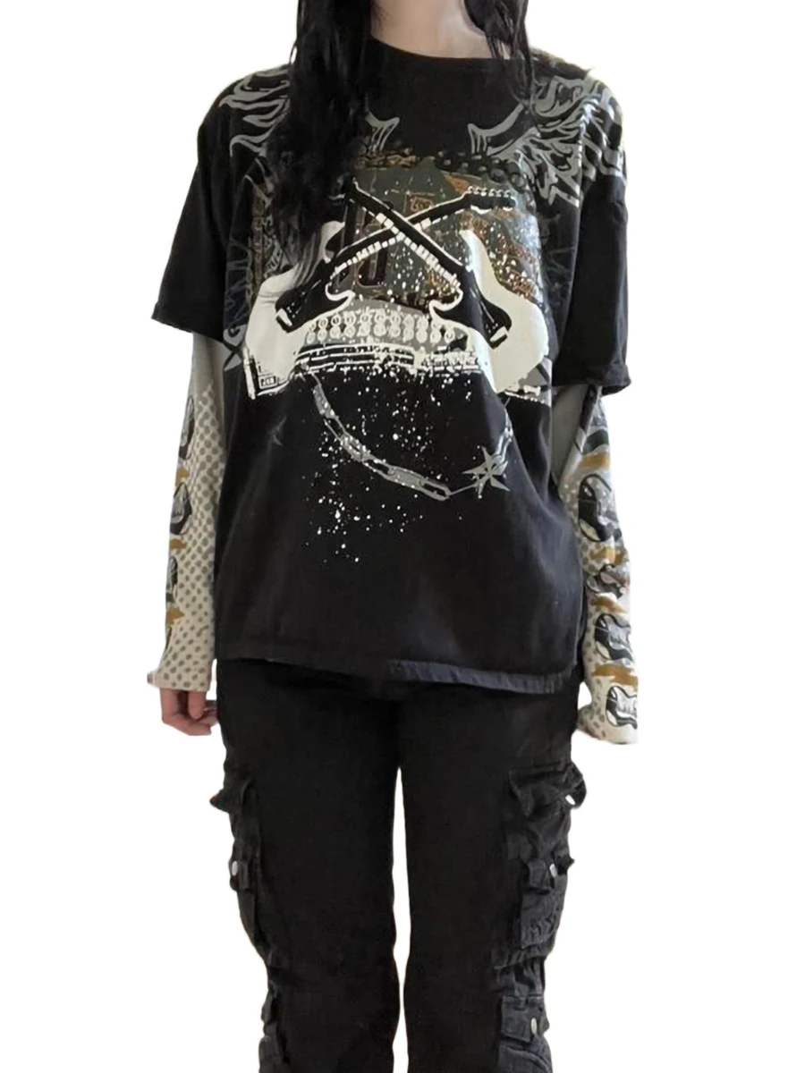 Women s Spring Loose Tops Cartoon Guitar Print Fake Two Pieces Round Neck Long Sleeve T-Shirt