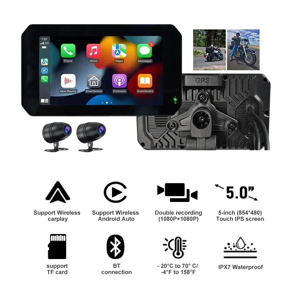 

1080P Waterproof Motorcycle Dashcam 5 Inch Carplay Screen Wireless Carplay And Android Auto Video Recorder DVR For Motorbike