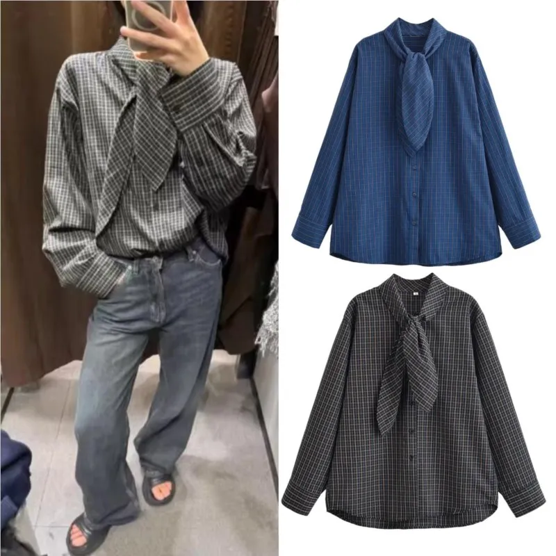 2025 Camicie scozzesi monopetto a maniche lunghe con colletto a sciarpa autunnale Camicette casual femminili alla moda versatili allentate