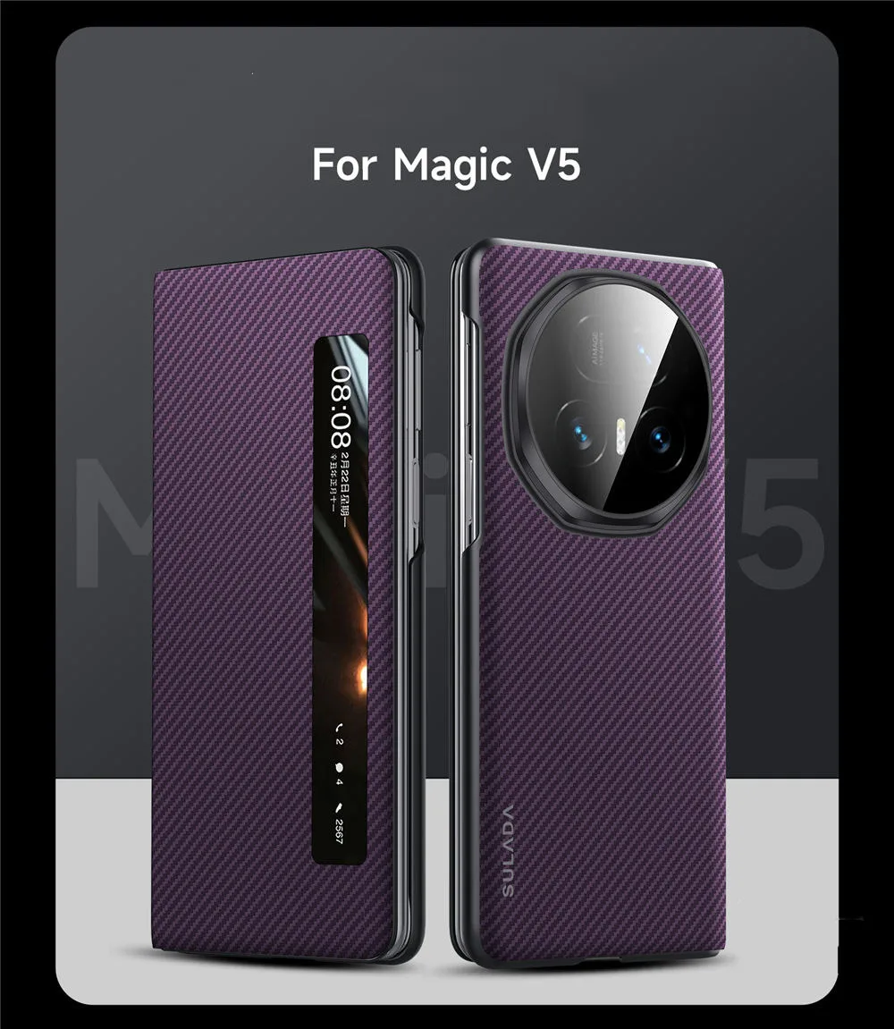 

600D Aramid Fiber Pattern Magsafe Flip Case For Honor Magic V5 Window View Business Cover