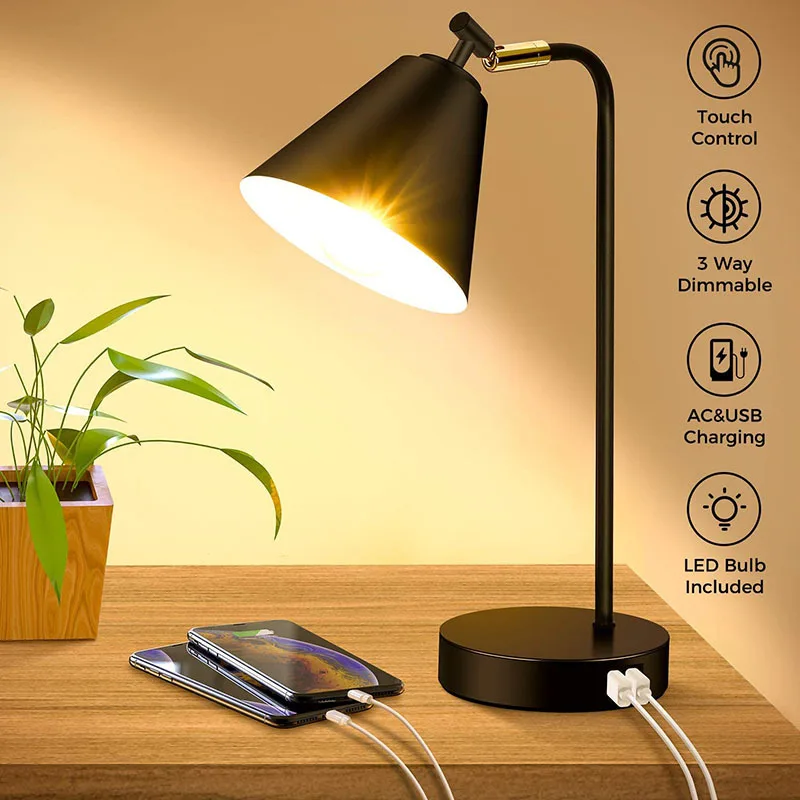 USB Charging Touch Dimming Desk Lamp Industrial Wind Iron Art Bent Pipe Bedroom Bedside Table Decoration Desk Lamp