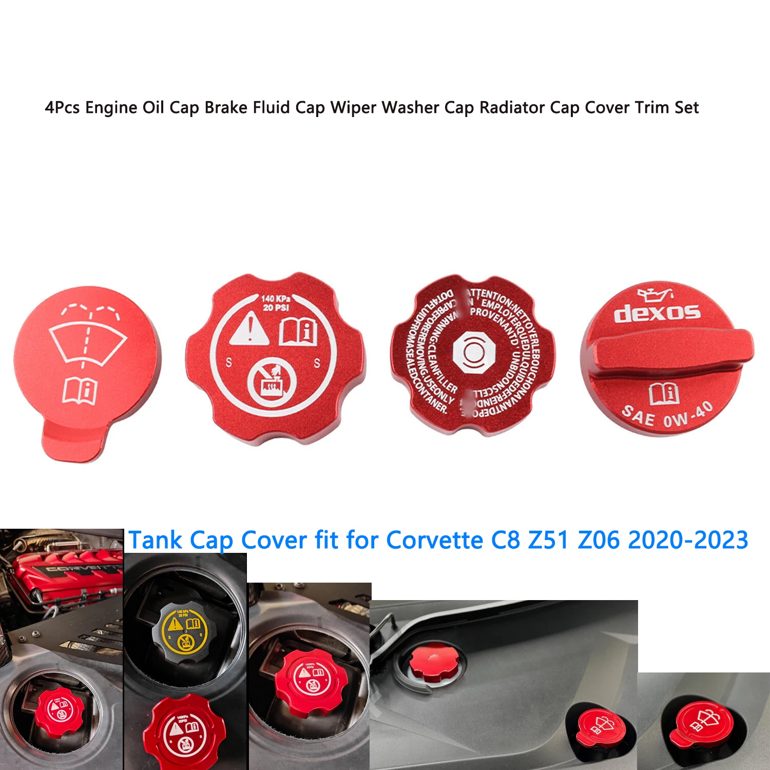 Aluminium  Engine Oil Cap Radiator Water Tank Cover Trim Red for Corvette C8 2020-2024 New Engine Cap Cover Set Accessories