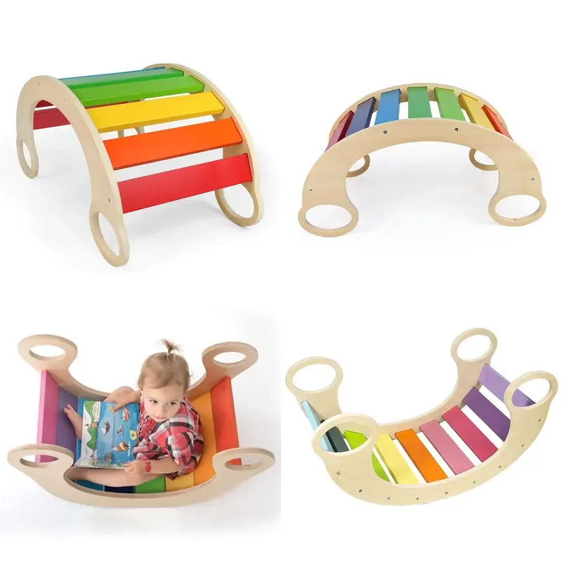 Wooden Rainbow Bridge Rocker Board Climbing Toy for Kids Baby Balance Training Chair Indoor Play Equipment