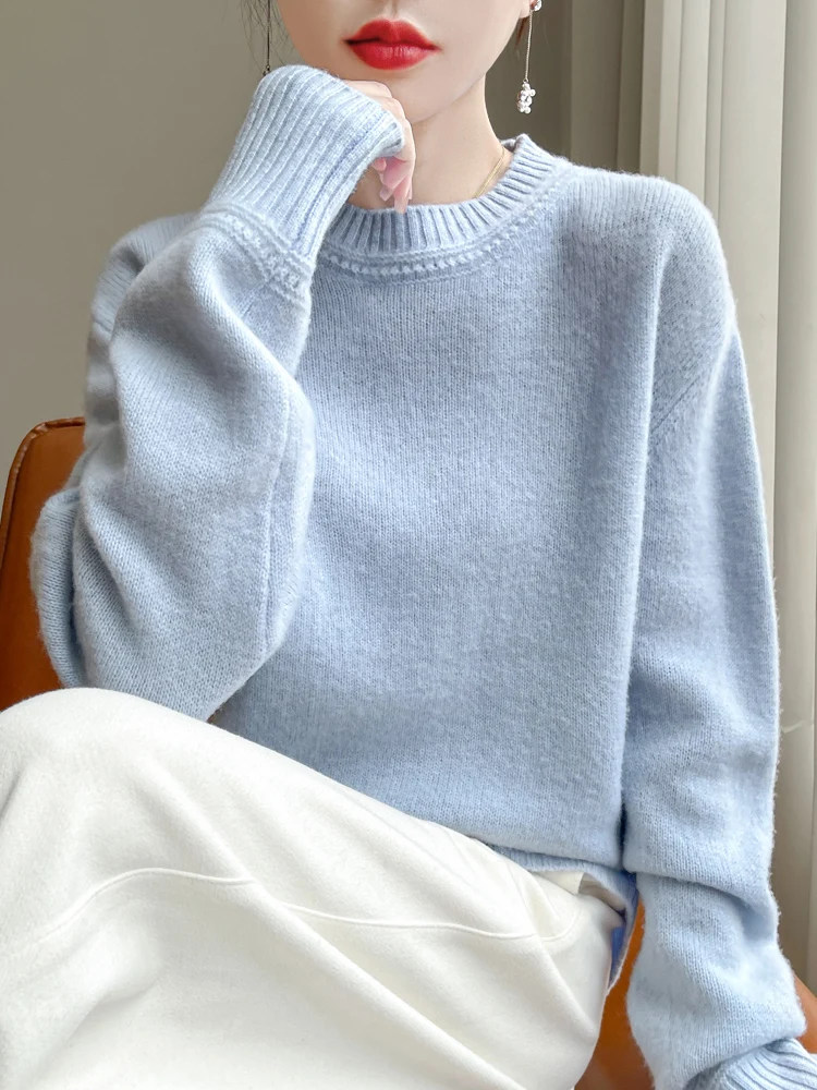 Damski sweter ze 100% wełny merino, miękki, ciepły, jesienno-zimowy, z okrągłym dekoltem, dzianina, casualowy, prosty, wygodny, pełen gracji.