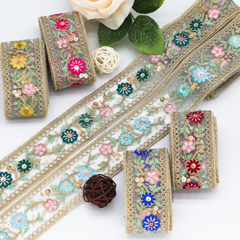 5yards 4cm Embroidered Flower Ribbon, Ethnic Lace Trimming  for DIY Sewing Clothes, Bag Accessories Curtain/Tablecloth Decor