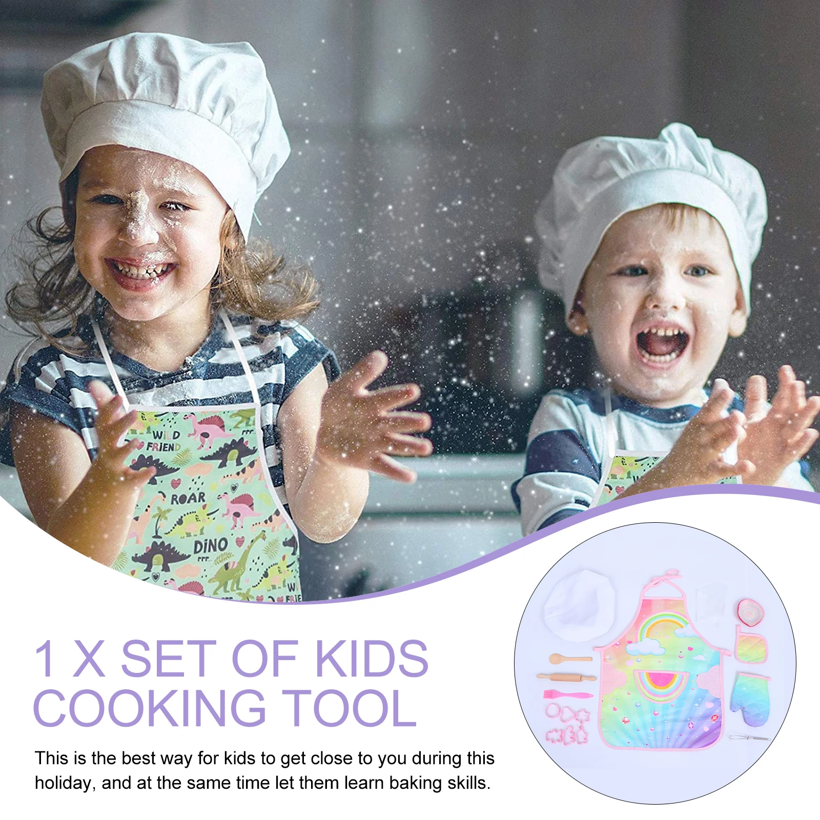 

Dress for Kids Baking Tools Dinosaur Apron Toy Children Pretend Toys Suite Cloth