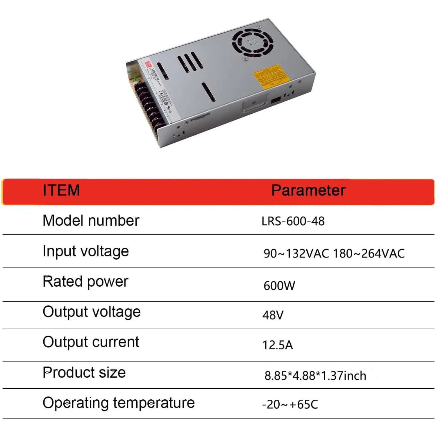 Mean Well LRS-600-48 48V 600W Single Output Switching Power Supply, 90-302VAC/255-370VDC Input, 12.5A, 1U Low Profile