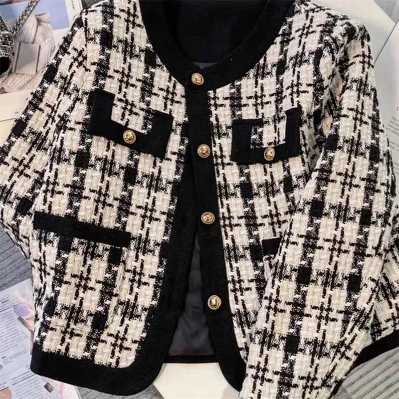 

Tweed Coat Female 2024 Autumn Winter New Houndstooth Korean Jacket Short Fashion Outwear Temperament Overcoat Women Lattice Top