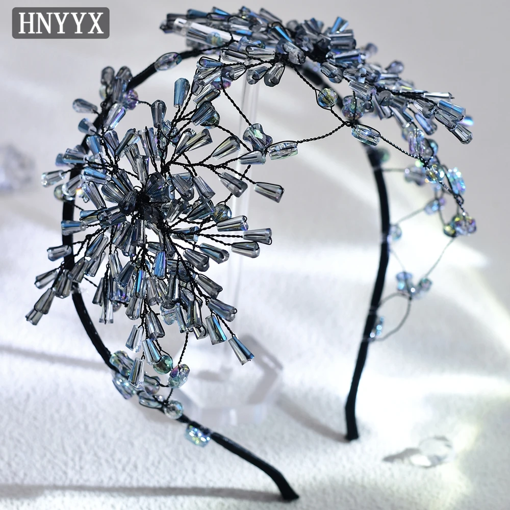 HNYYX Blue Crystal Crown Fashion Headband for Women Luxury Beaded Flower Hair Hoop Vintage Hair Accessories Wedding Tiara A112