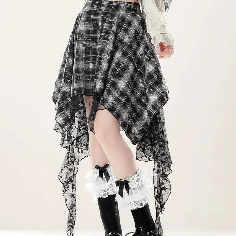 Irregular Black Plaid Skirt Children's Summer Skinny Lace Skirt Zipper