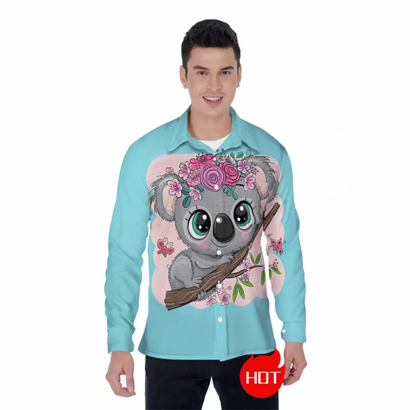 Men Casual Long Sleeved Shirt Cute Koala Print Spring And Autumn Men's Outdoor Fashion Trend Comfortable Female Lapel Blouse Top