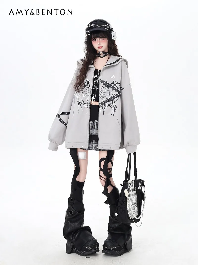 오리지널 네이비 칼라 서브컬쳐 다크 고딕 프린트 리벳 긴팔 지퍼 후드티 여성 일본 대학 스타일 루즈 후드티