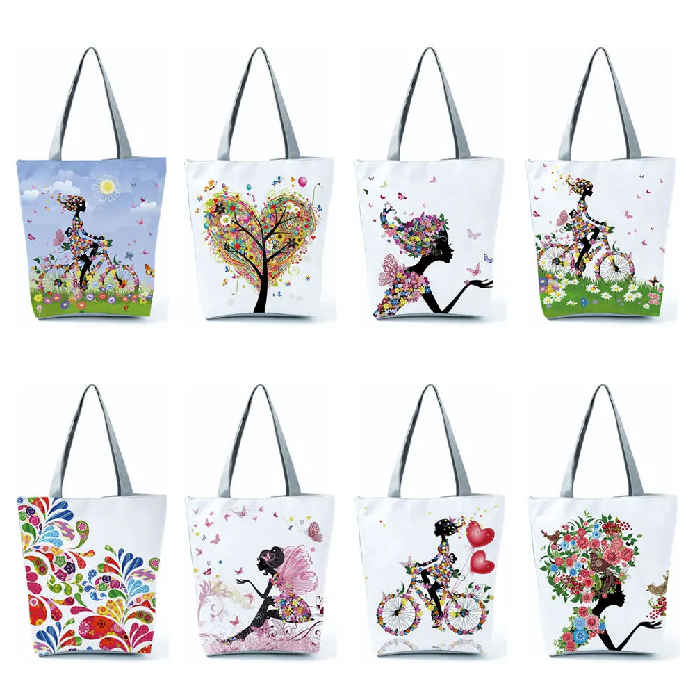 

Wishing Girl Print Women Reusable Outdoor Shopping Bags Handbags Casual Large Cartoon Tote Bag With Custom Pattern Floral Ladies