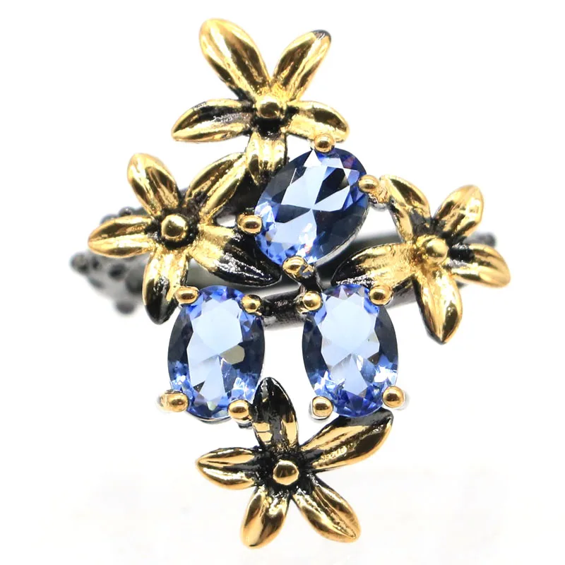 

28x21 мм уникальные винтажные золотые цветы синий аквамарин фиолетовый танзанит розовый турмалин перидот крутые черные металлические серебряные кольца