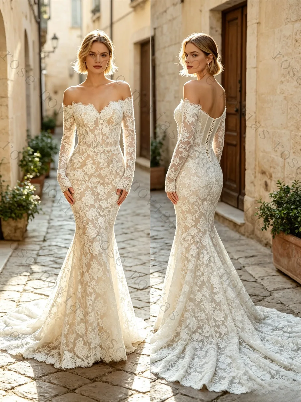 Customized Off Shoulder Full Sleeve Lace Mermaid Wedding Dress with Train for Brides Elegant Vintage Bridal Gown for Outdoor