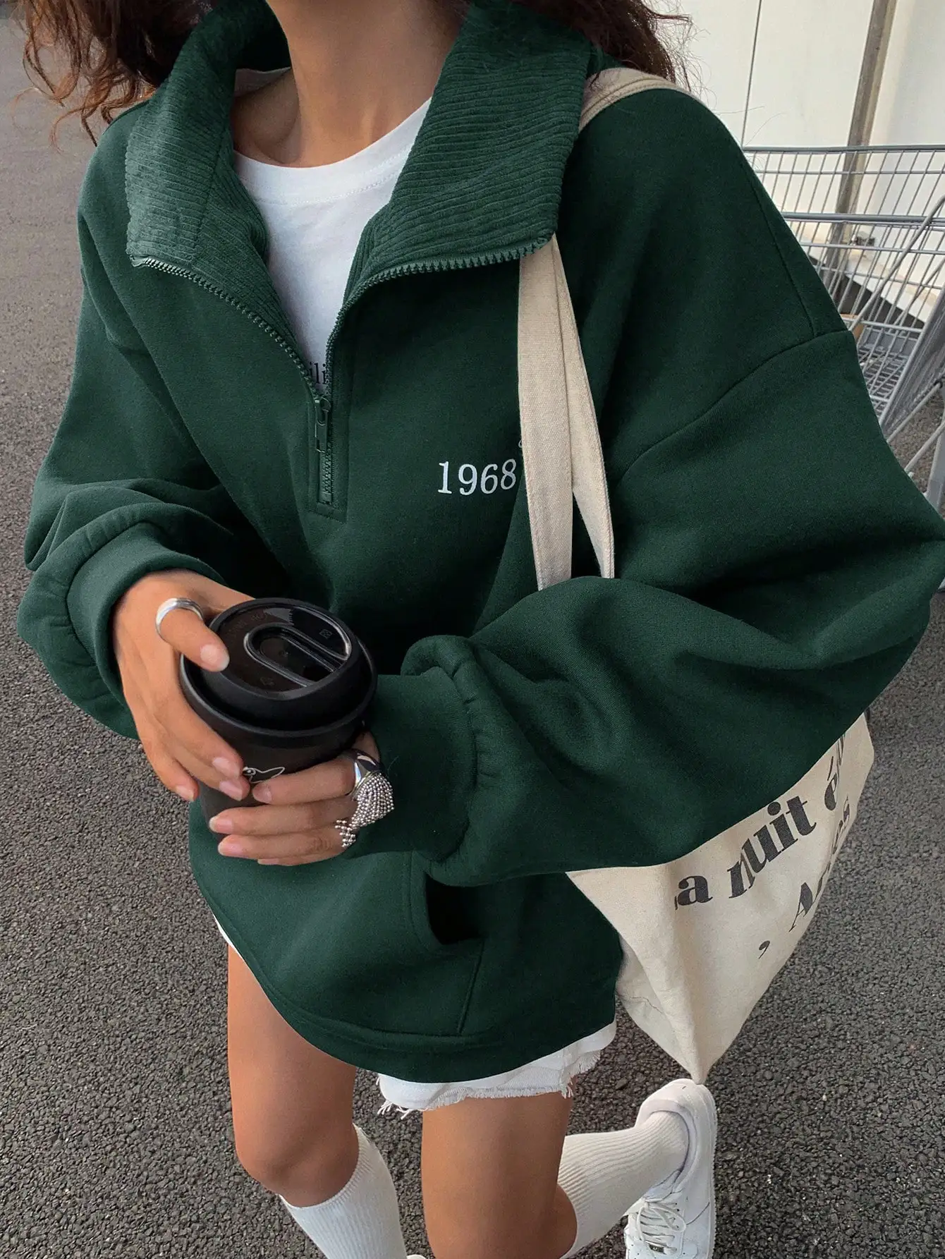 VarsityCollegiatePreppyStyleHalf-ZipSweatshirtUrbanStreetwearVibeLongSleeveFleecePulloverTopDeepPineGreenSolidHueCorduroyTurn-Down CollarChest Graphic Embroidered Details Ribbed Trims Drop Shoulder Boxy Fit For Campus Morning Coffee Run New Year Gift