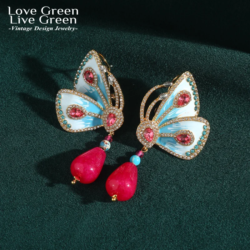 

Vintage Pink Agate Drop Butterfly Earring For Woman Gold Color Water Droplet Rhinestone Luxury Jewelry Designer Thanksgiving New