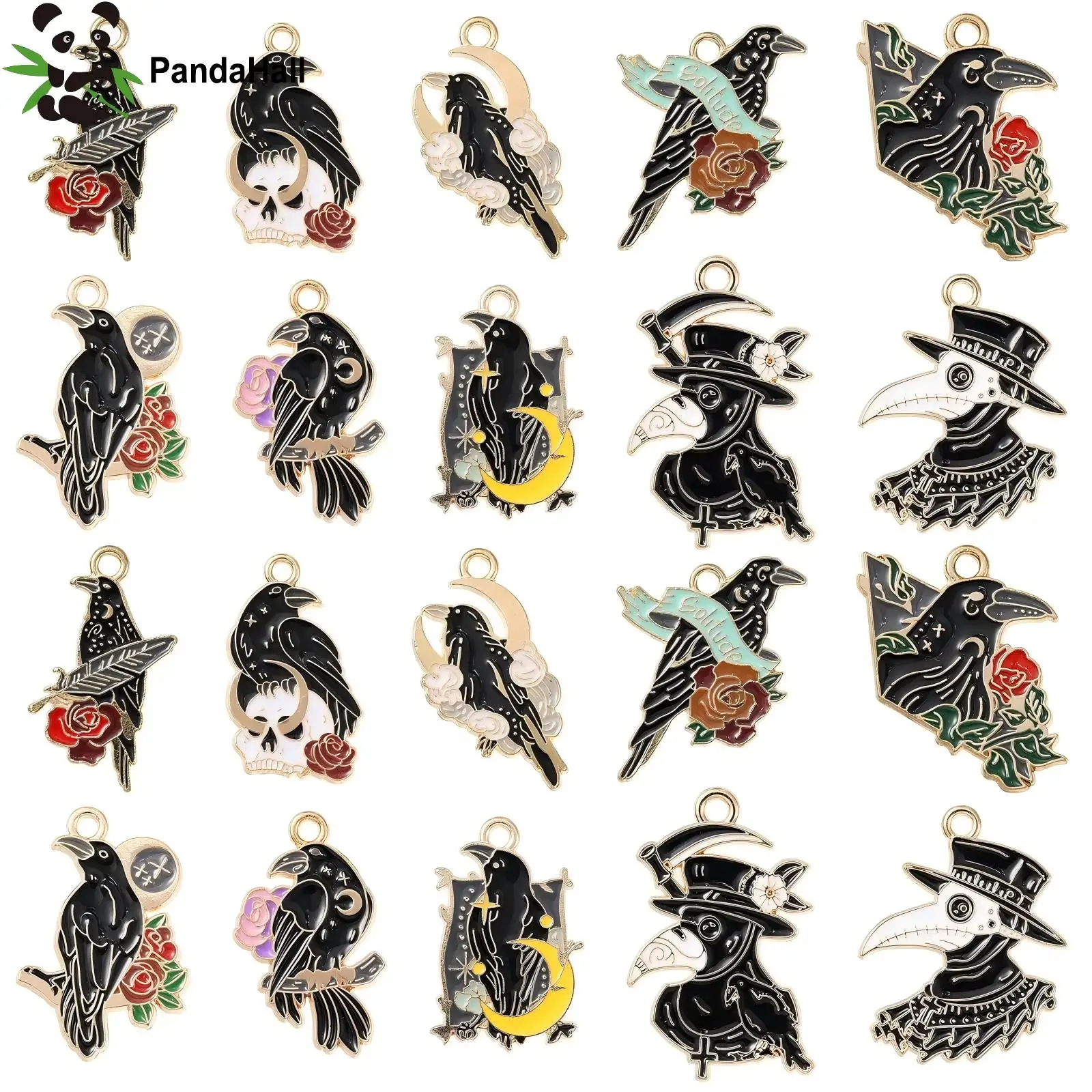 PandaHall 20Pcs 10 Styles Gothic Charms Halloween Black Raven Skull Enamel Charms Crow Bird Skeleton Charms for Jewelry Making