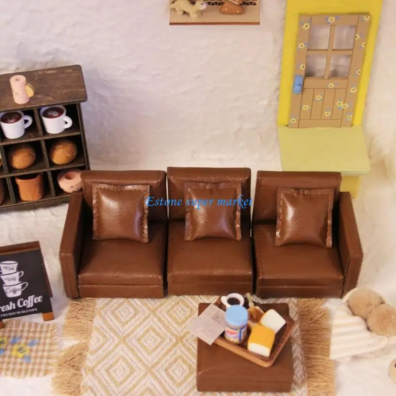 090B Washable Fabric Miniature Sofa 1/12 Scale Leather Couch Living Room Set Detailed Simple Couch Model Furniture