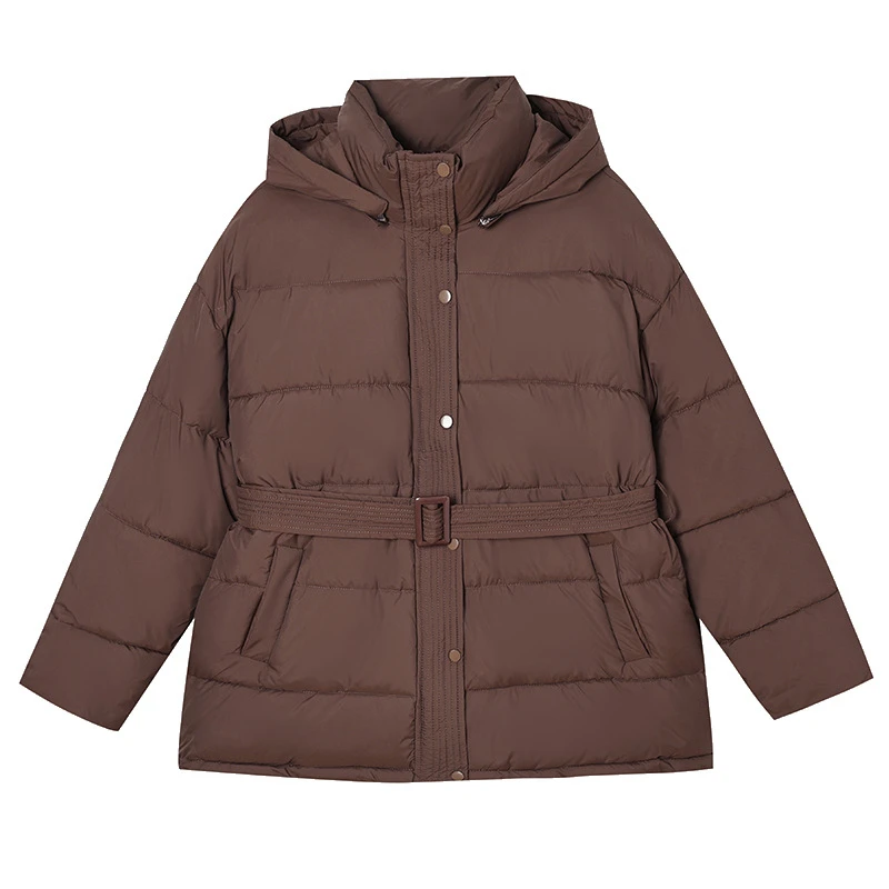 Grube, ciepłe zimowe kurtki puchowe damskie, dopasowany krój, pasek, koreański styl, luźne, odpinany kaptur, ocieplane bawełną kurtki puchowe, casualowe, nowość 2025