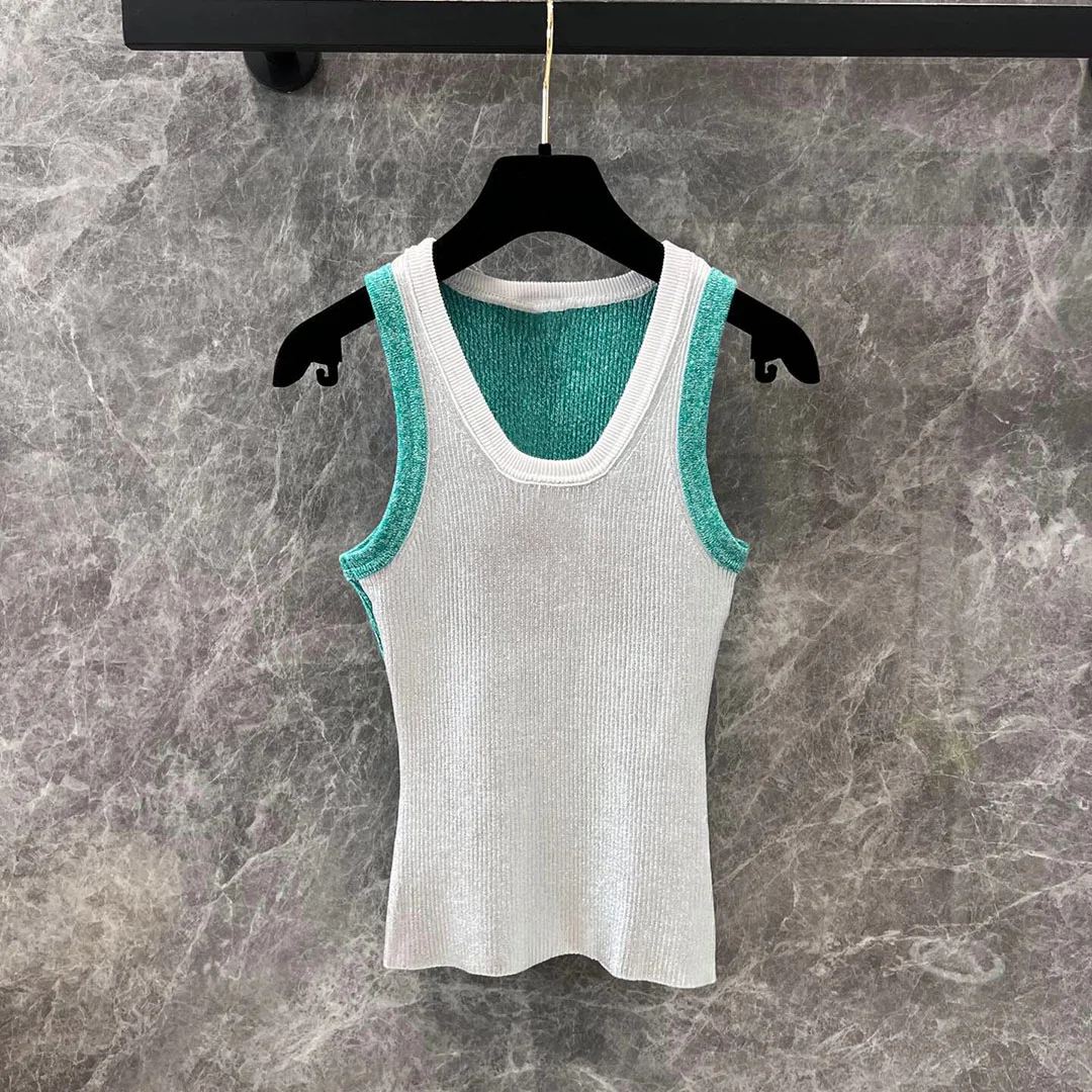 2025 New Summer Fashion O-neck Sleeveless Cotton Tank Tops Women Contrast Patchwork Silver Sweet Slim Vest Tops