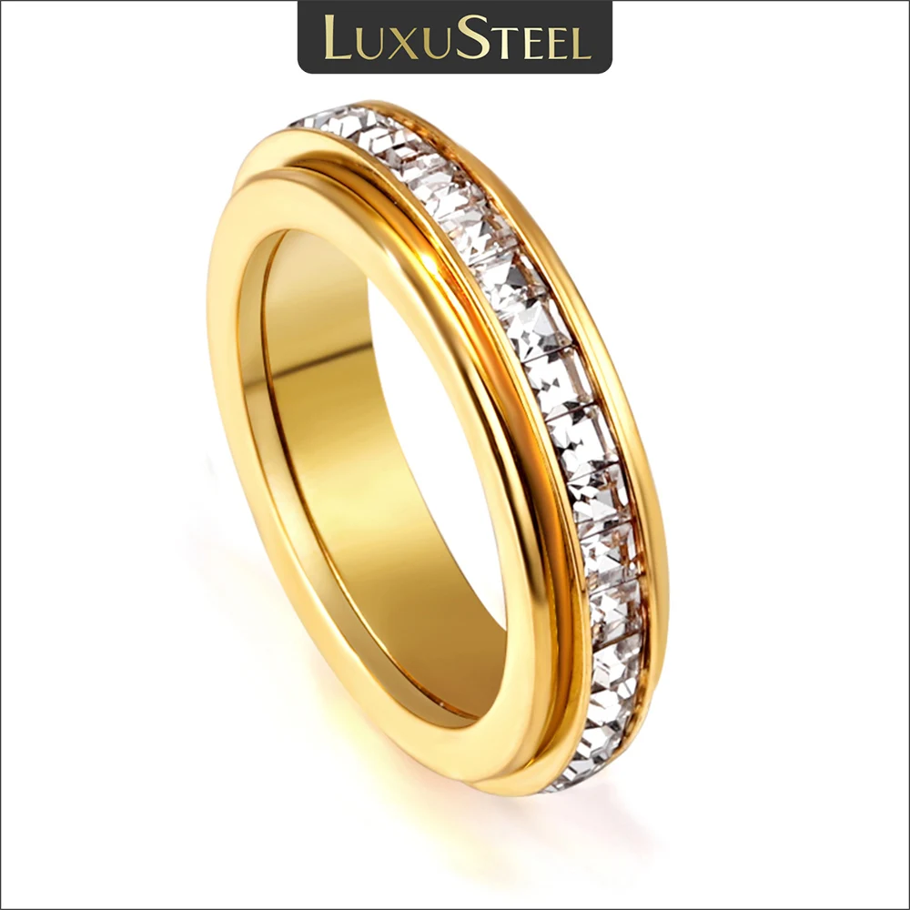 LUXUSTEEL-Anillo giratorio de cristal de acero inoxidable para mujer, anillo giratorio de lujo con diamantes de imitación, circonita cúbica,