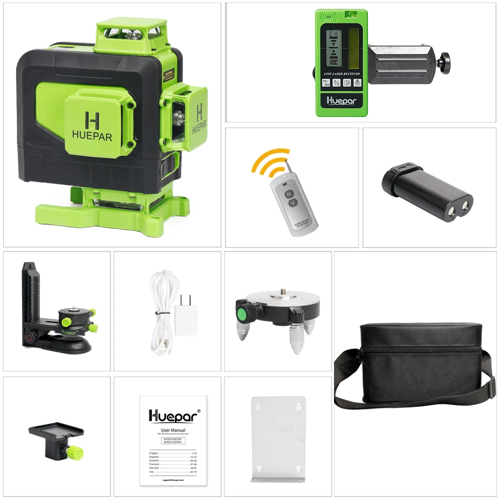 Huepar 4D 16 Lijnen Kruislijnlaser Groene Beam Lijnen Multi Functie & Afstandsbediening Met Li-Ion Batterij Voor tegels Vloer