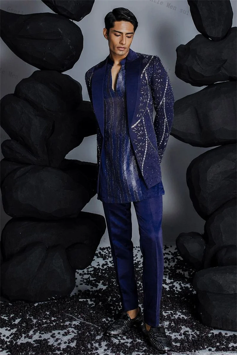 

Blue Luxury Crystals Men Suit Set 2 Pcs Blazer+Pants Trousers Autumn Wedding Tuxedo Formal Office Jacket Cotton Coat Customized