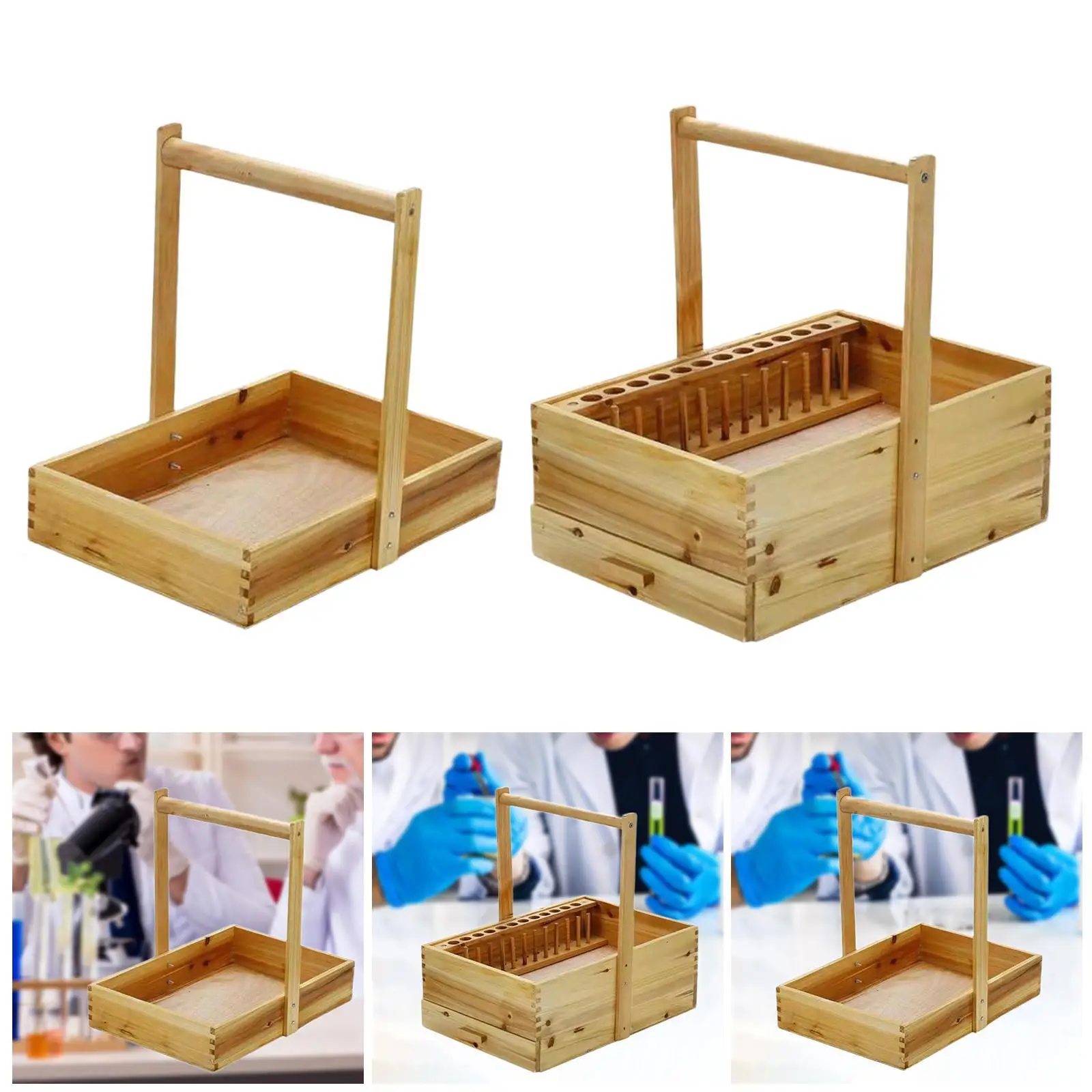 Wood Test Tube Rack with Handle Lab Instruments Storage Container Basket Carry Bin Basket for Experiment Tools Lab Equipments