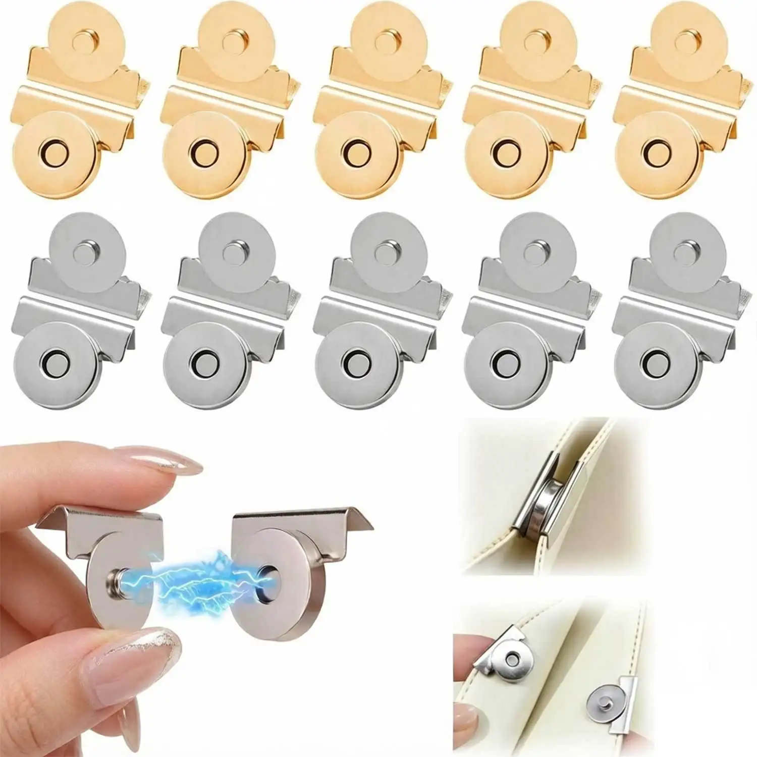 5 Pairs Magnetic Snaps for Purses and Totes, No-Sew Metal Snap Buttons Closures for Bags, Clothing, DIY Crafts
