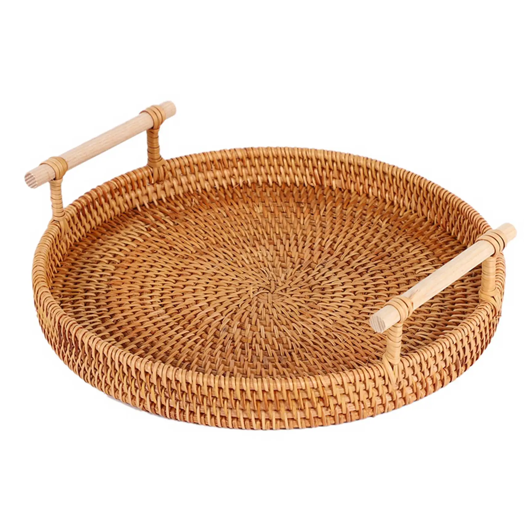 

A50U 2X Rattan Storage Tray, Round Basket With Handle, Hand-Woven, Rattan Tray Wicker Basket L
