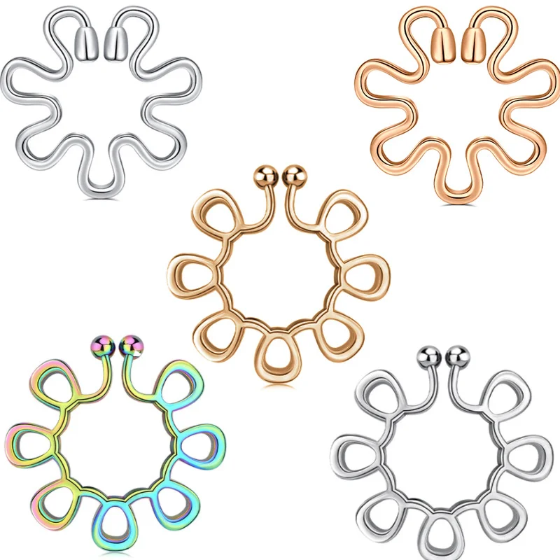 2Pcs Fake Septum Piercing Nipple Jewelry Stainless Steel Women Sexy Hollow Clips Nipple Ring Clamps Pierced Body Jewelry