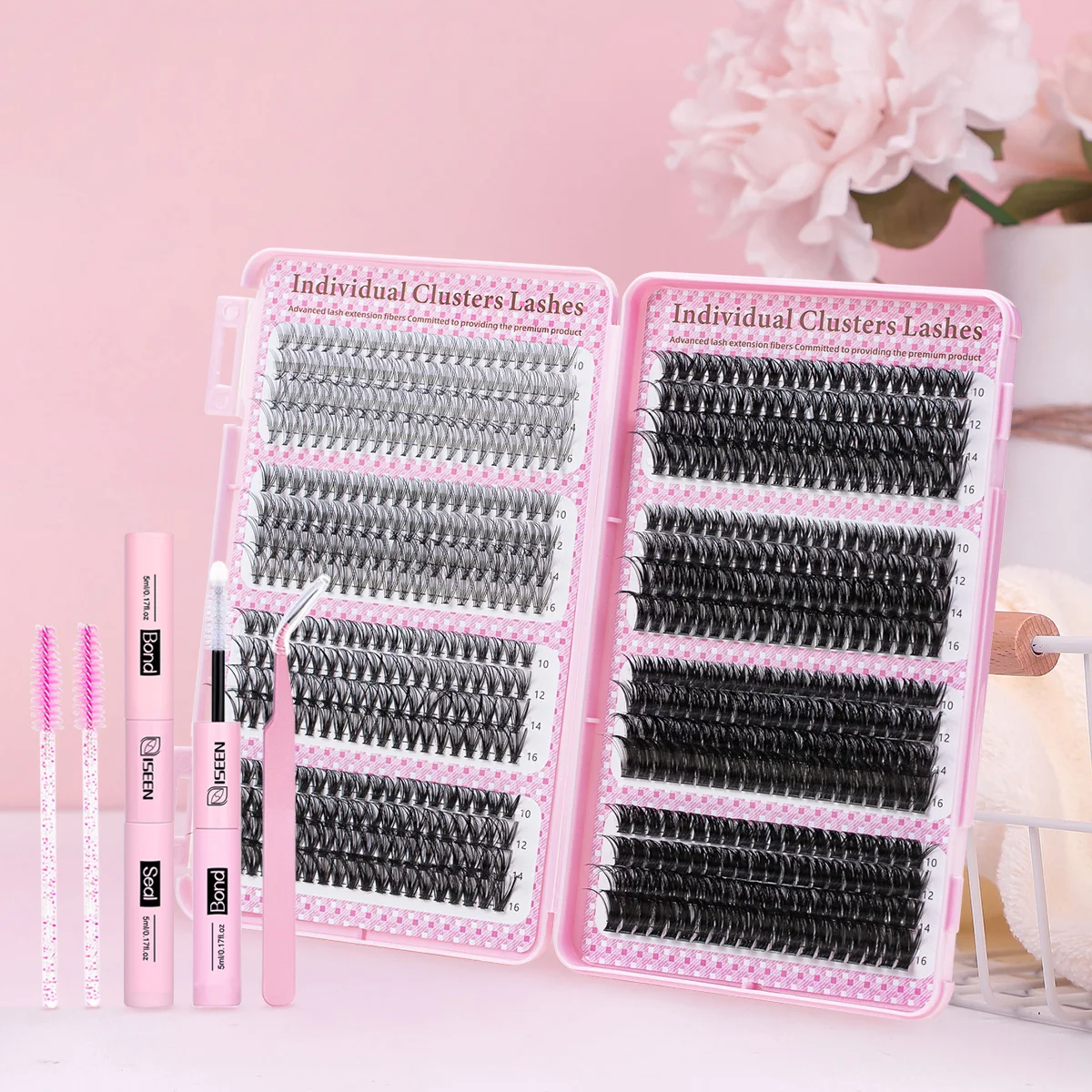 ISEEN Kit de extensión de pestañas DIY, mezcla de pestañas de alta capacidad, Kit de pestañas individuales con unión, sello, pinzas y cepillo para pestañas