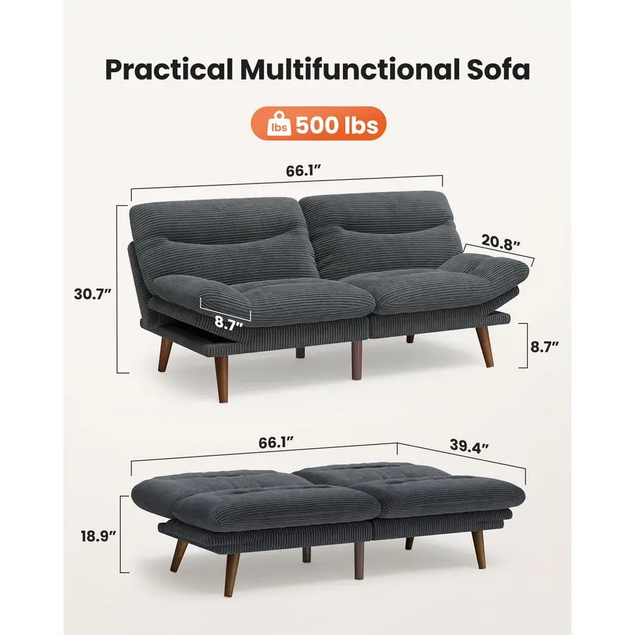 Futon Sofa Bed, 66 Corduroy Futon Couch Convertible with Adjustable Backrest and Armrests, Recliner Sleeper Sofa, for Small Spac