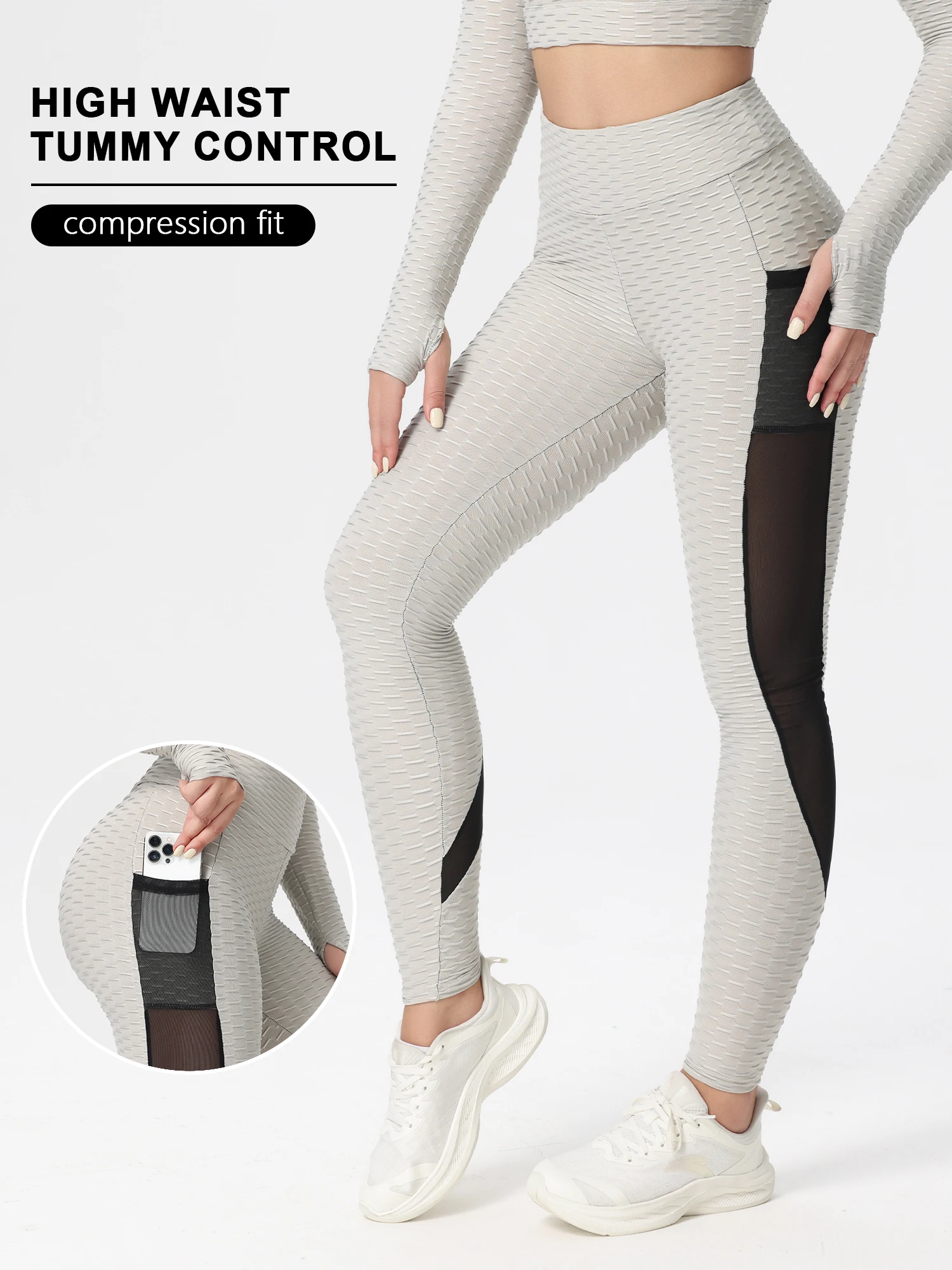 Ensemble pantalon de yoga deux pièces pour femme avec poches, maille et blocage de couleur, taille haute, levage des fesses, ajouré, respirant, adapté au yoga, à la course, au fitness, au danse et à l'entraînement
