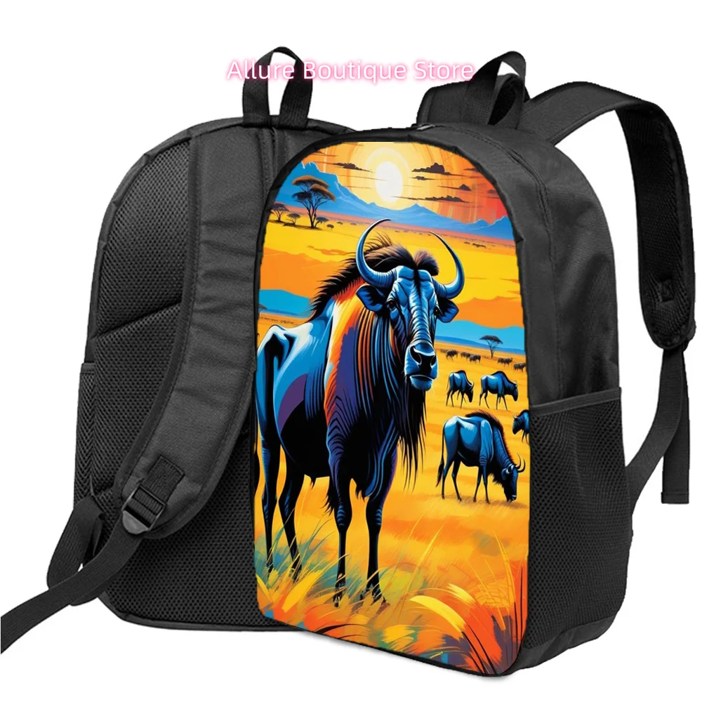 Everyday Backpack, Computer Bag, Black Travel Luggage, Adjustable Shoulder  African savannah-themed painted illustration pattern