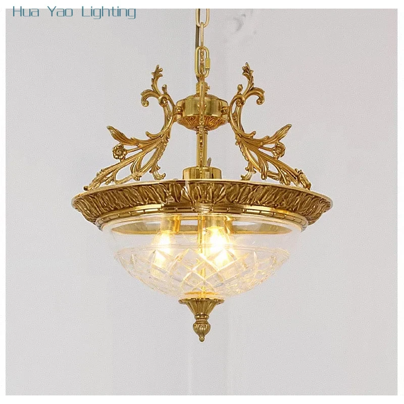 

European Bronze Pendant Light Deco Glass Hanging Lamp D40cm H45cm Retro Antique Candle Living Room Lamp Restaurant Bedroom Light