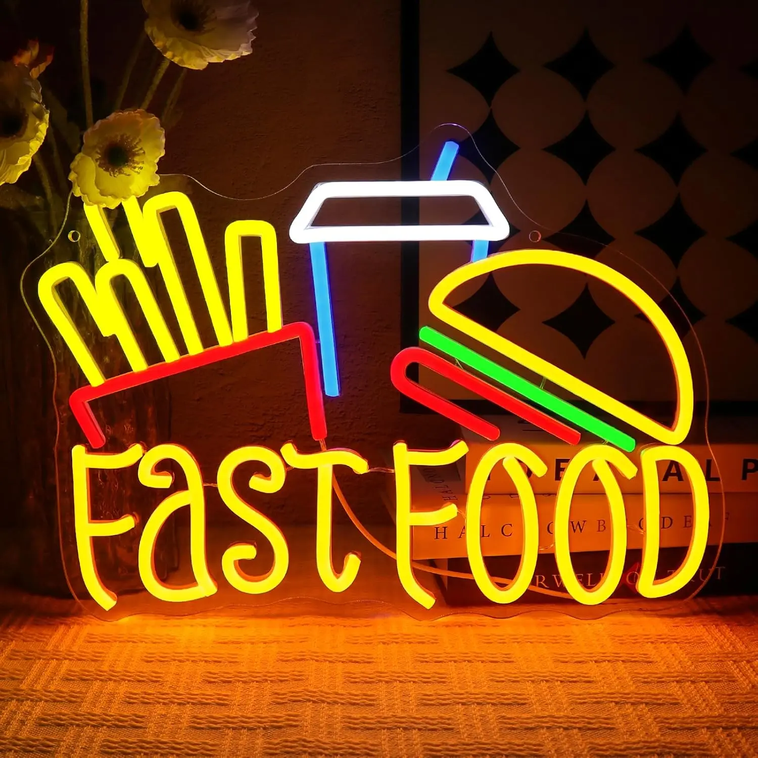 Fast Food Leuchtreklame Hamburger Neonlicht Pommes LED dimmbar für Burger Shop Food Trucks Küche Getränke Bar Restaurant Dekor