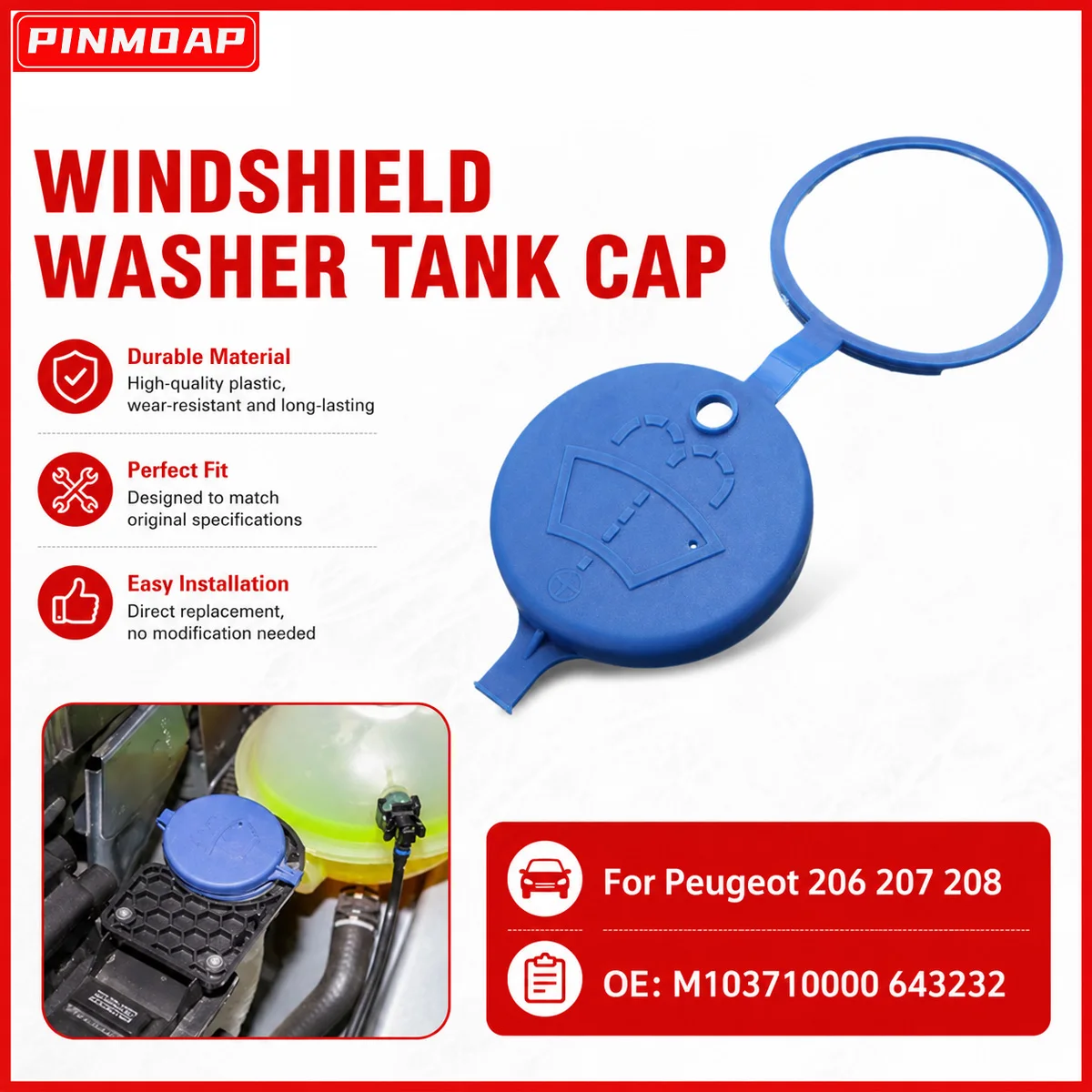 Tapa del depósito del limpiaparabrisas PINMOAP, adecuada para Peugeot 206, 207, 208, tapa de llenado de agua para cristales de coche, M103710000 643232