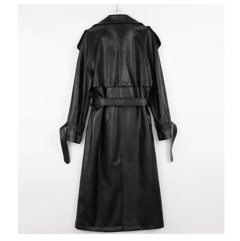 Mauroicardi Spring Autumn Black Long Soft Pu Leather Trench Coat for Women Sashes Loose Casual White Waterproof Overcoat 2025