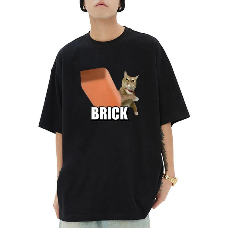 

Funny Cat Throwing Brick Meme printed T shirt Men Women Cotton Loose Casual short sleeve T-shirts Unisex Summer Breathable Tops