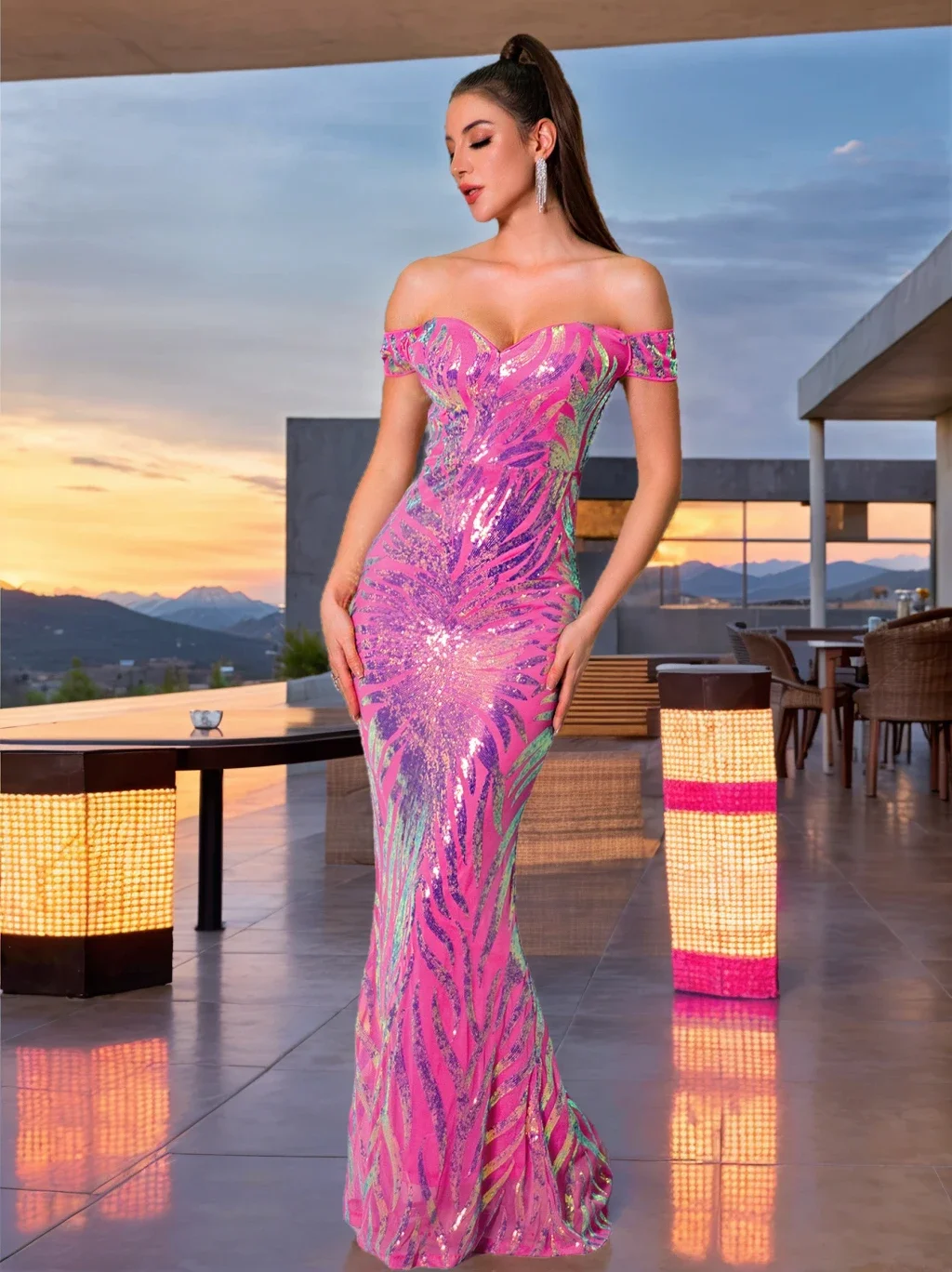 오프 숄더 꽃무늬 스팽글 이브닝 맥시 드레스 등이 없는 스트레치 바닥 길이 나이트 댄스 파티 드레스 패딩