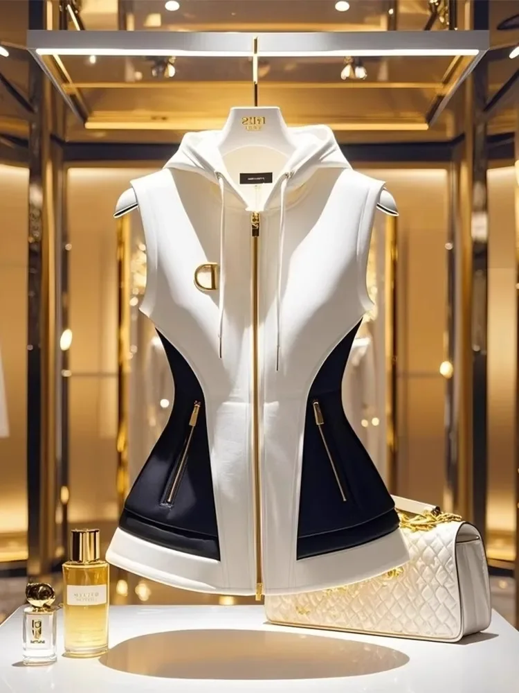 New Spring French Elegant High End Hooded Vest Coat Women Contrast Color Zipper Slim Jacket Temperament Ladies Causal Outwear